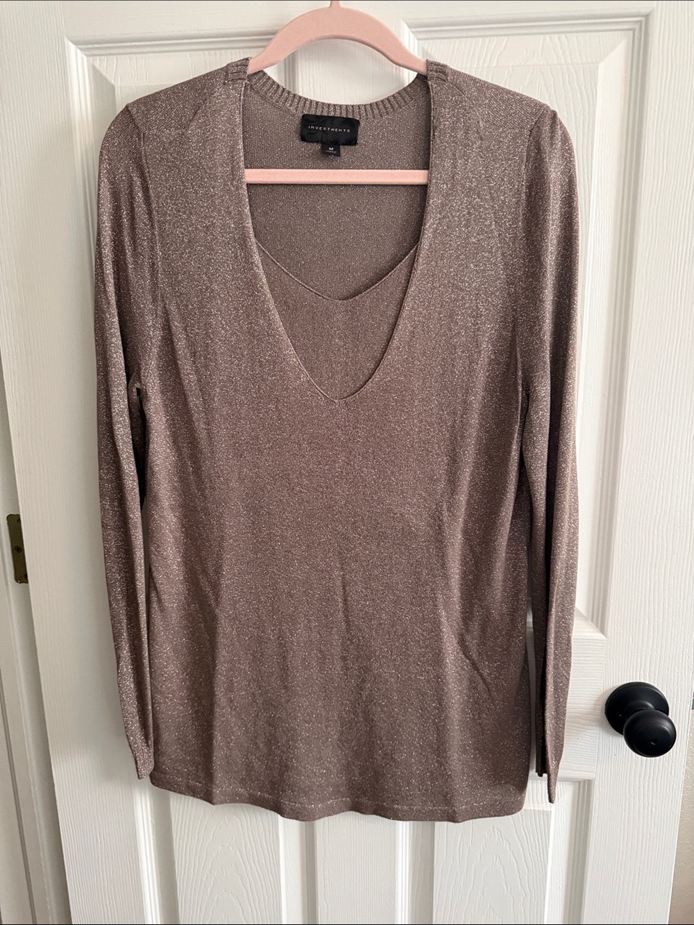 Investments Shimmery Taupe V-Neck Long Sleeve Top